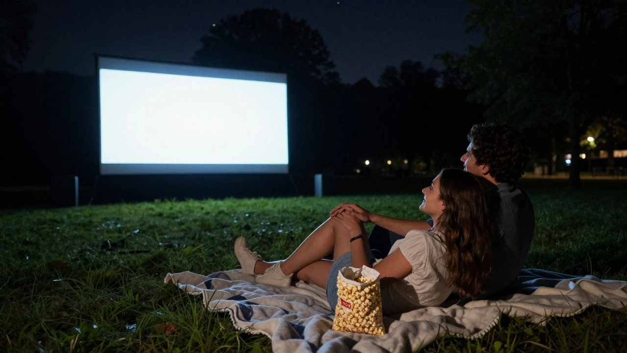 Een paar ligt op een deken in het park en kijkt naar een openluchtfilm, hij legt zacht zijn hand op haar knie.
