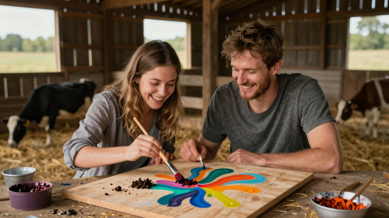 Een paar maakt kunst met dierlijke uitwerpselen op een boerderij, lachend in het zachte zonlicht.