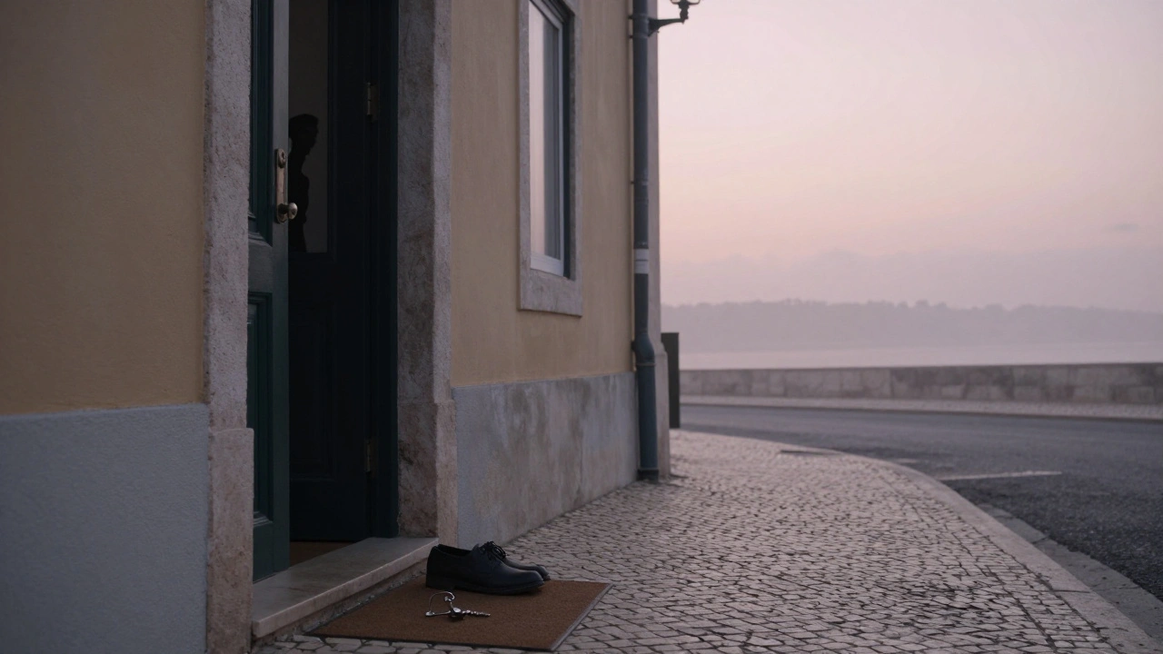 Een paar schoenen en een sleutel op de mat bij een halfopen deur, morgenlicht valt binnen.