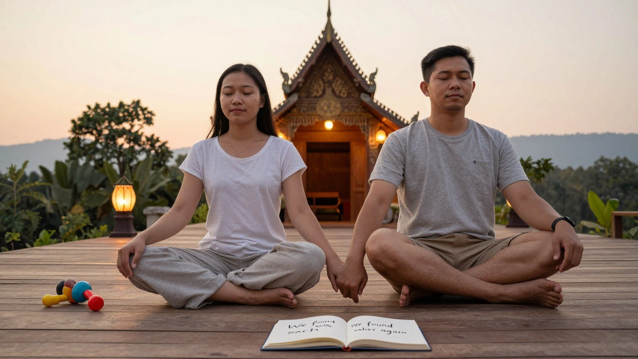 Een paar zit hand in hand op een terras in Thailand, zonsondergang, rust en verbinding in hun stilte.