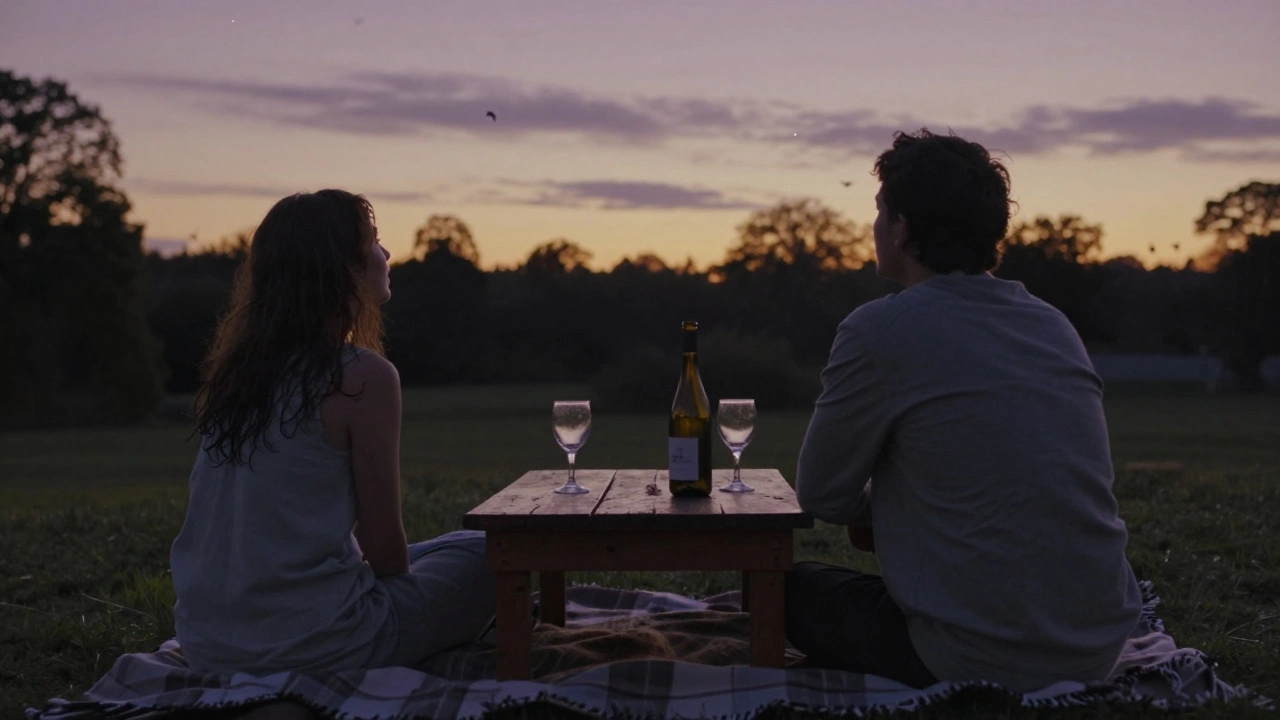 Een paar zit op een deken bij zonsondergang bij de Botanische Tuin met een fles lokale wijn.