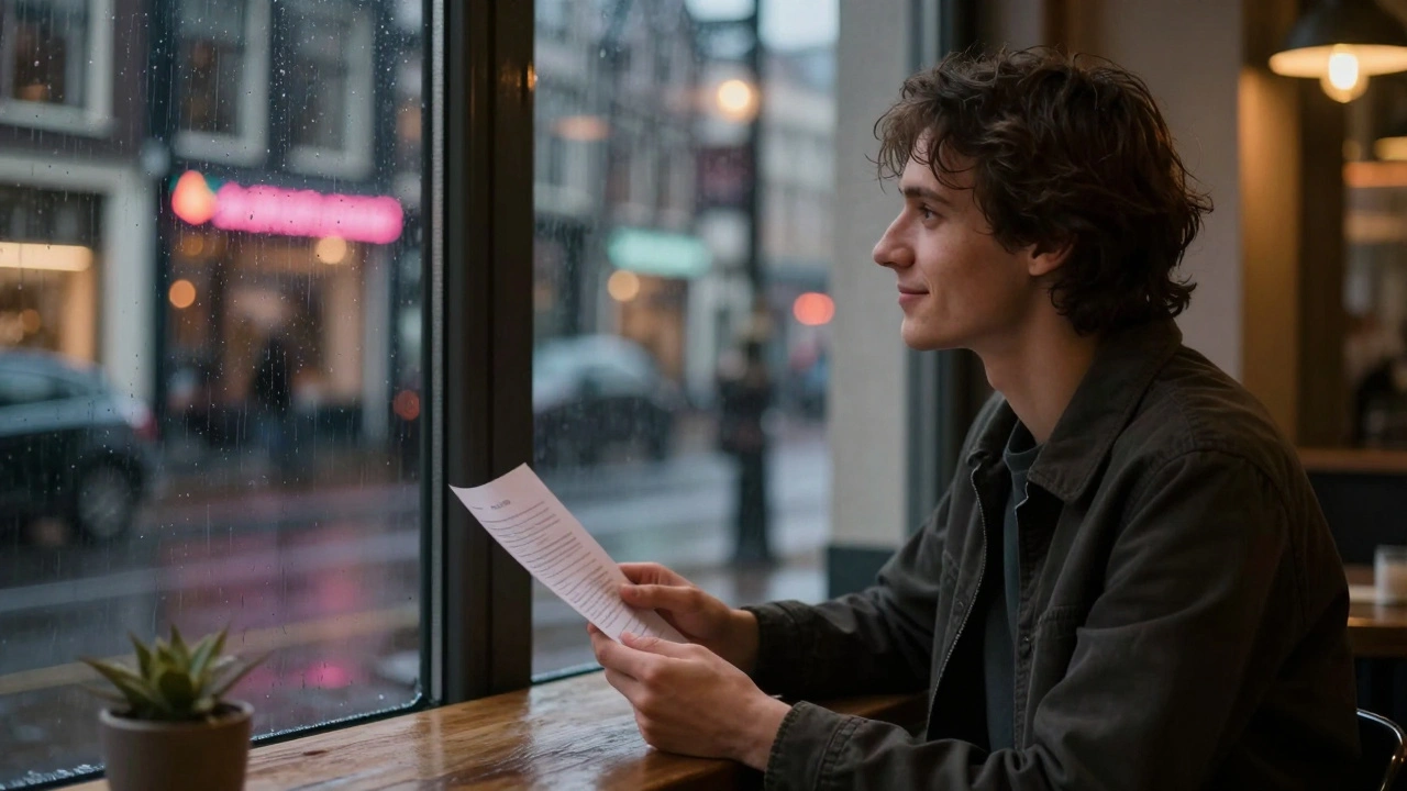 Een persoon bij een raam in een café, kijkend naar de regen, met een gevouwen formulier in de hand.