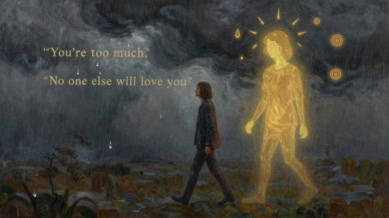 Een persoon loopt door een storm waarin regendruppels leugens bevatten, terwijl een vervagende figuur achter hen lacht.