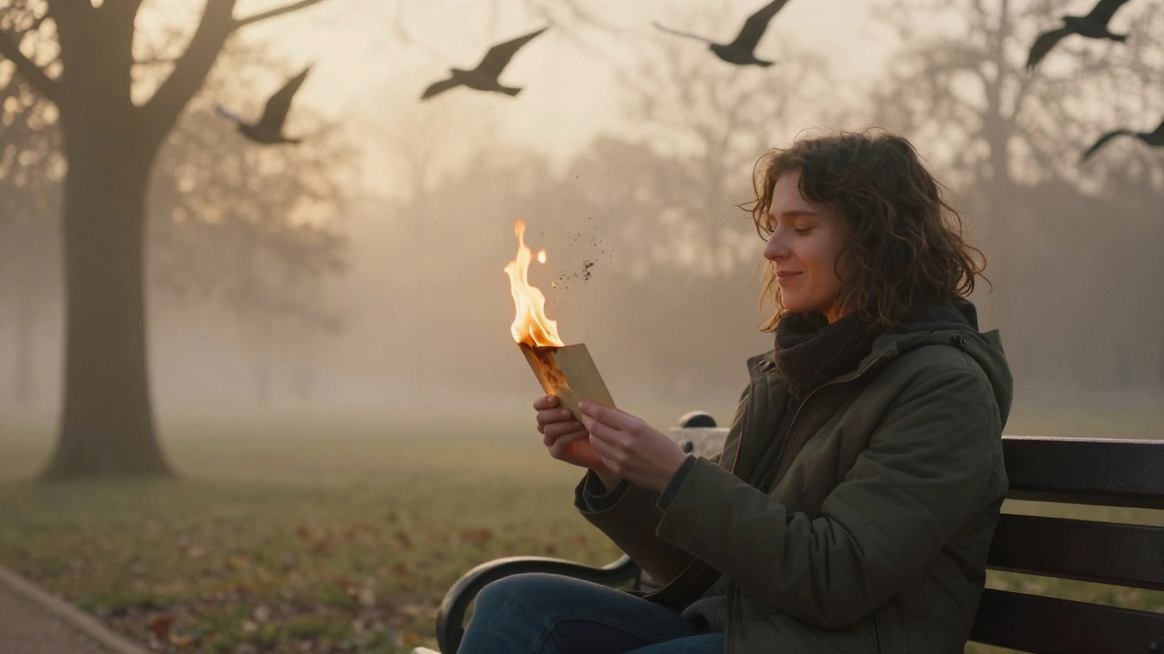 Een persoon verbrandt een brief op een bank bij zonsopgang, as stijgt op terwijl de zon opkomt en de lucht goudkleurig wordt.