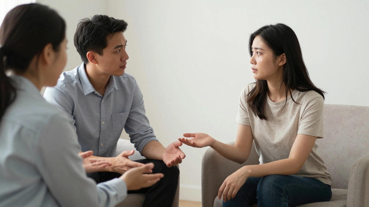 Een relatiecoach faciliteert een gesprek tussen een man en vrouw, hun lichamen langzaam ontspannen.