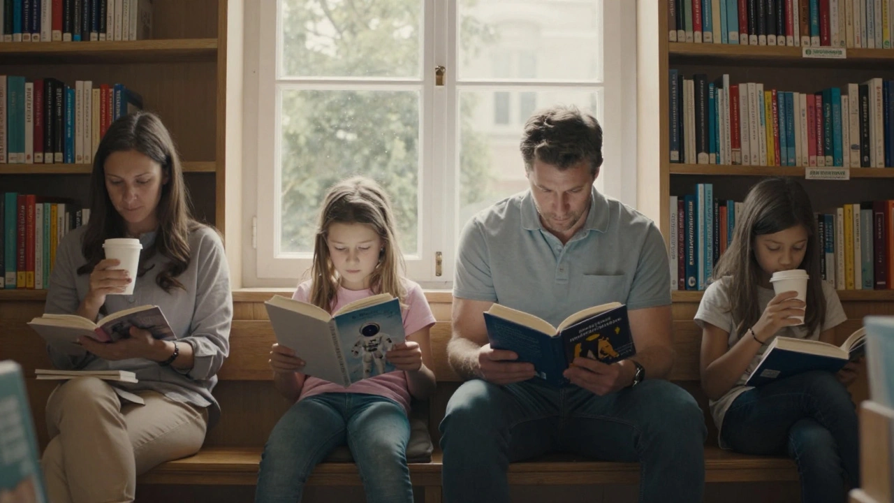 Een vader en dochter lezen naast elkaar in de bibliotheek, een vrouw met een meisje zit verderop met koffie.