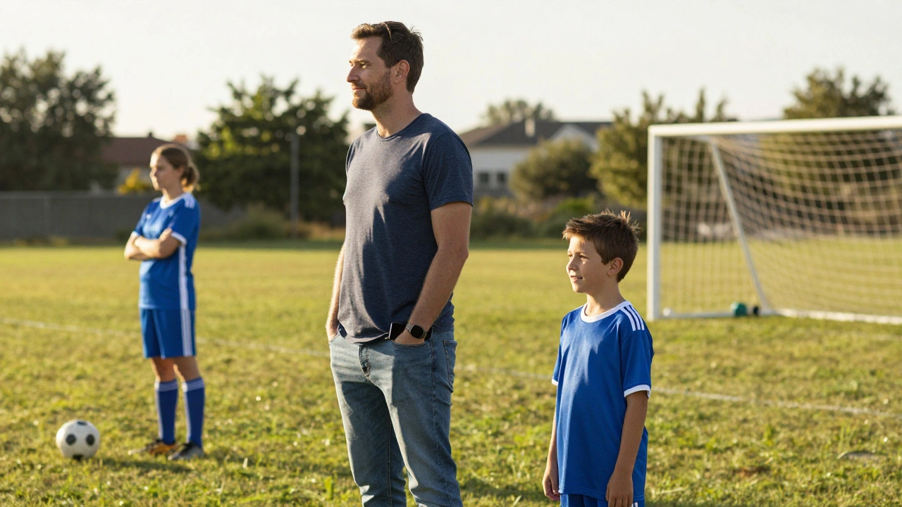 Een vader kijkt stil toe terwijl zijn kind een doelpunt maakt op een voetbalveld, de moeder staat verderop.