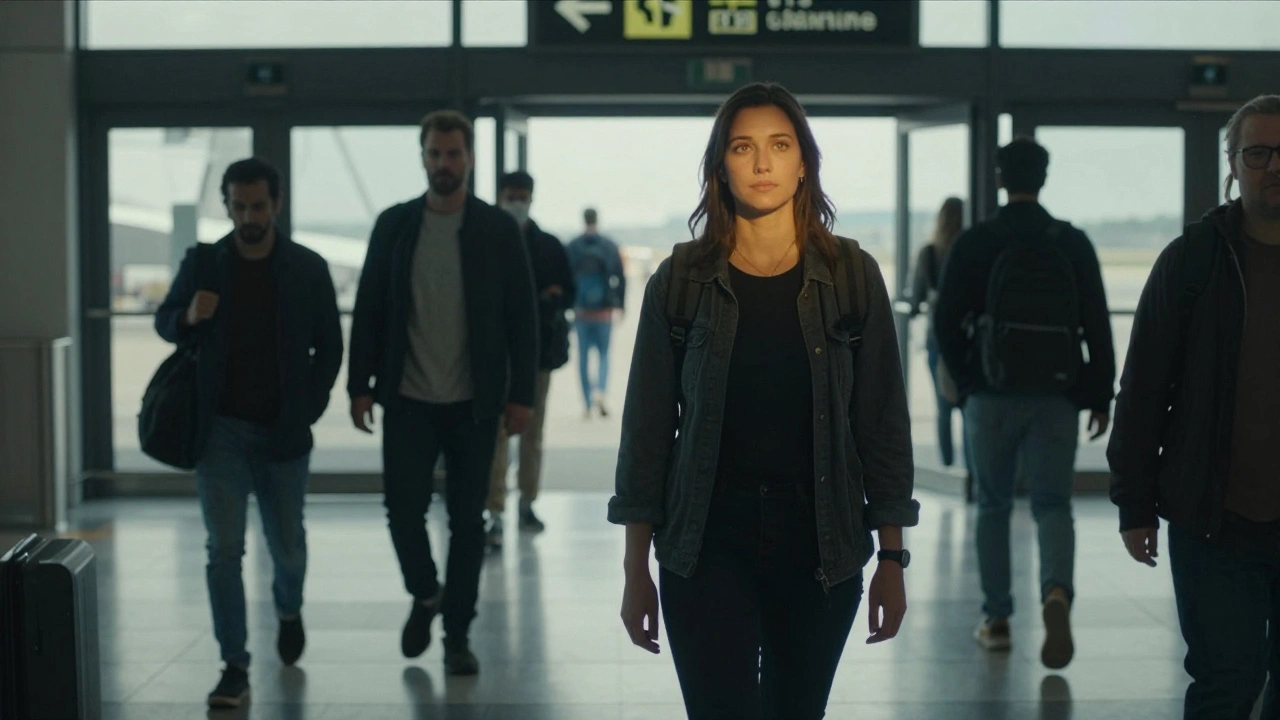 Een vrouw loopt de luchthaven binnen, veranderd en sterk, terwijl haar partner haar verwelkomt in stilte.