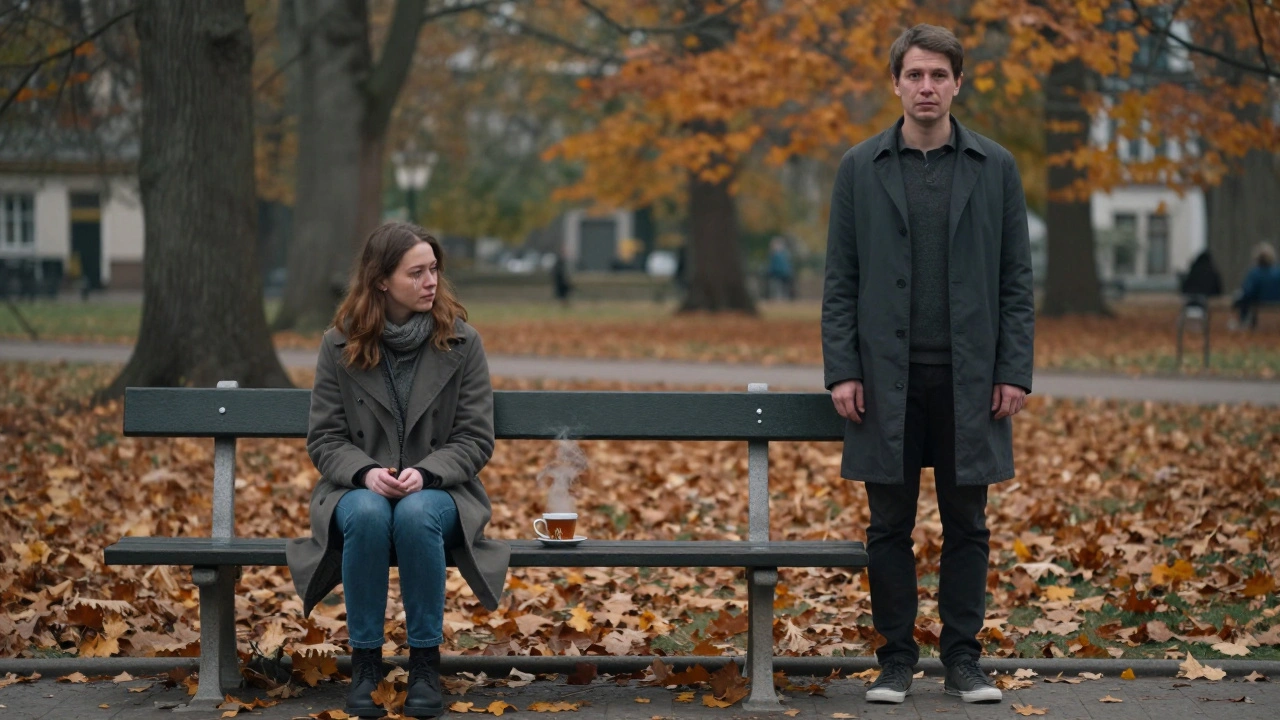 Een vrouw op een bank in Berlijn, een man staand voor haar, een kopje thee tussen hen, herfstbladeren wervelend.