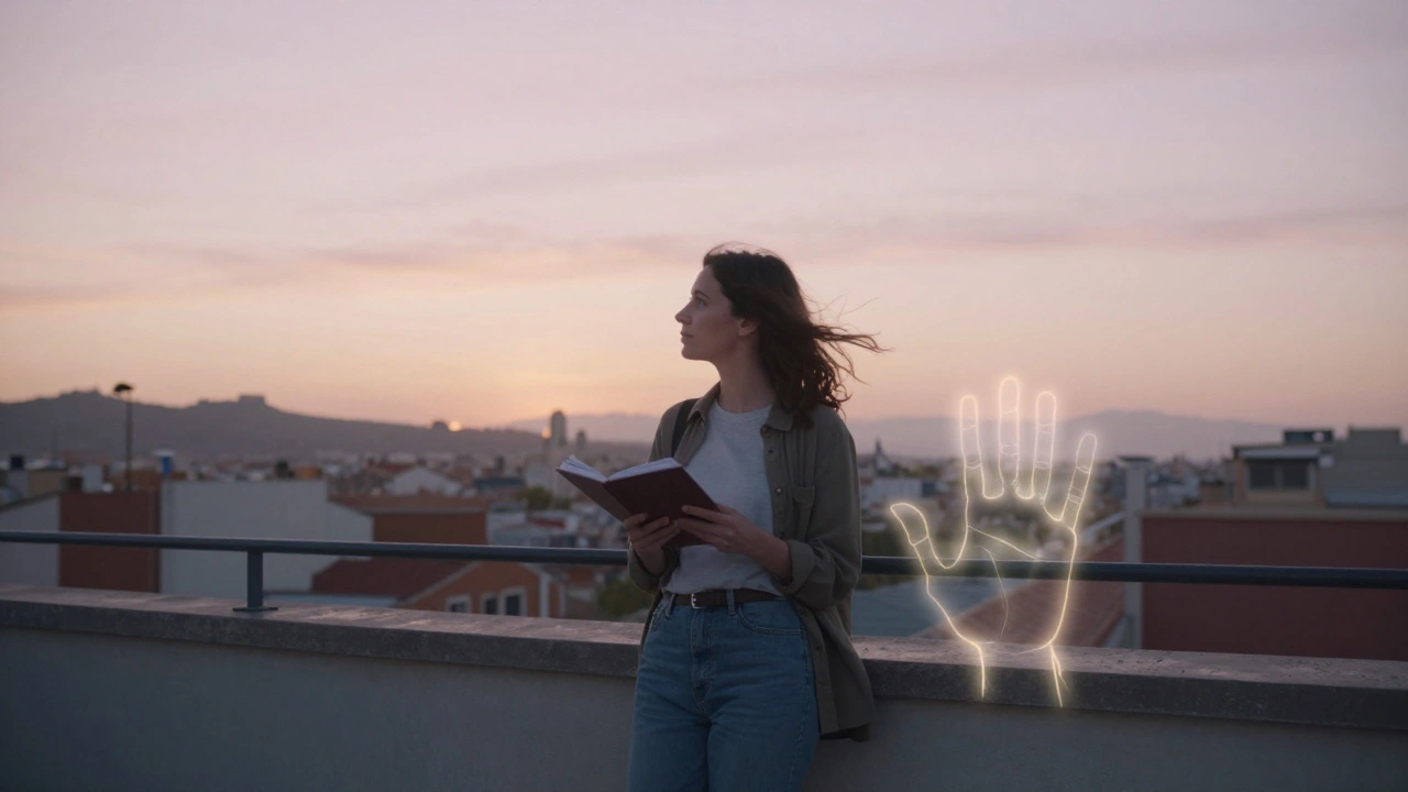 Een vrouw op een dak in Barcelona met haar notitieboek, zonlicht en een subtiele handafdruk.