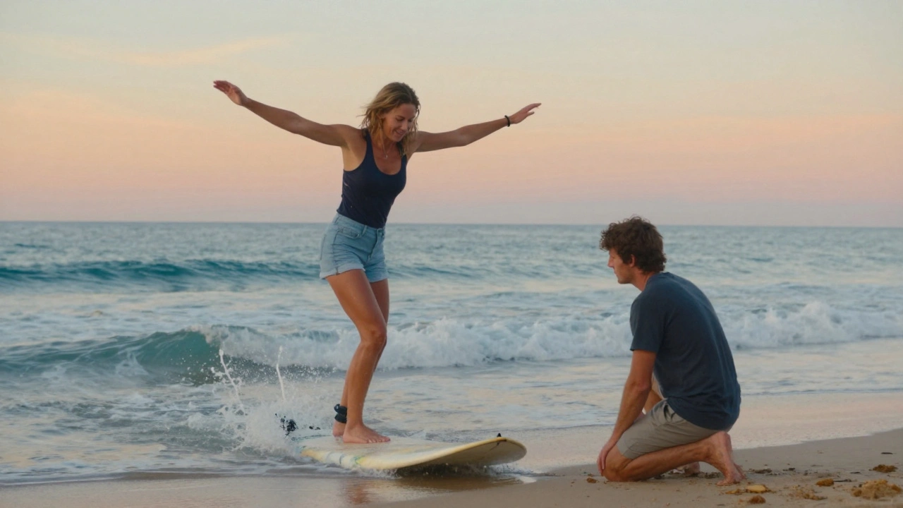 Een vrouw staat op een surfplank op de kust, lachend terwijl ze valt, met een man die trots kijkt.