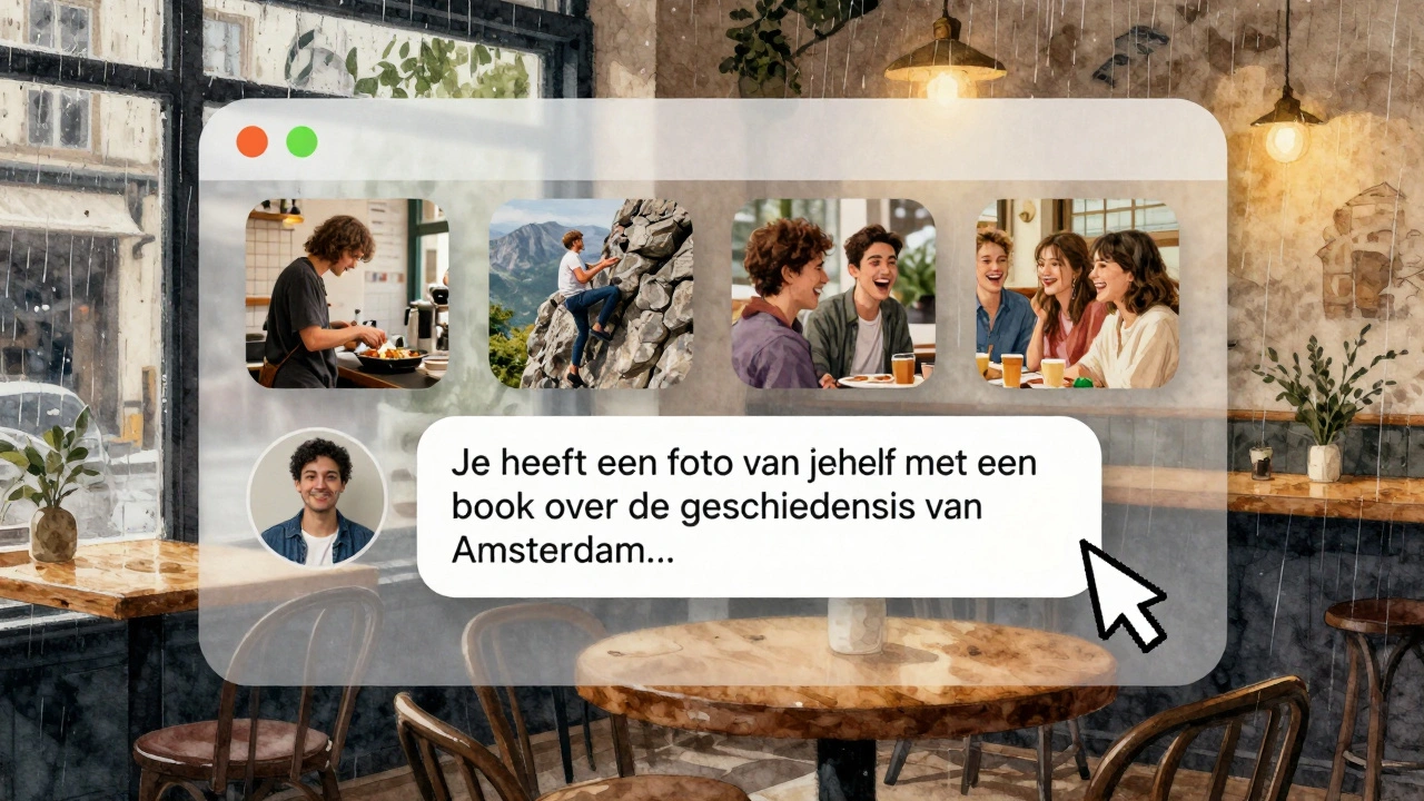Een watercolorstijl illustratie van een digitale profieloverlay op een café, met foto&#039;s van activiteiten en een bericht in een berichtvak.