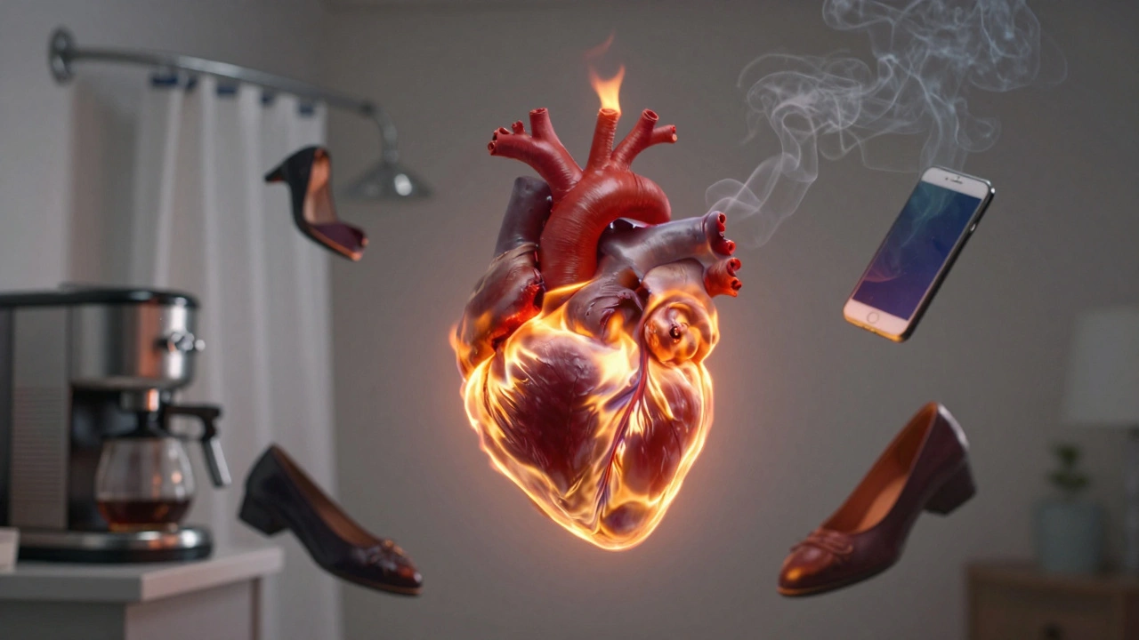 Glowende vlam in hart, omgeven door alledaagse objecten die oplossen in rook, symboliserend passie.