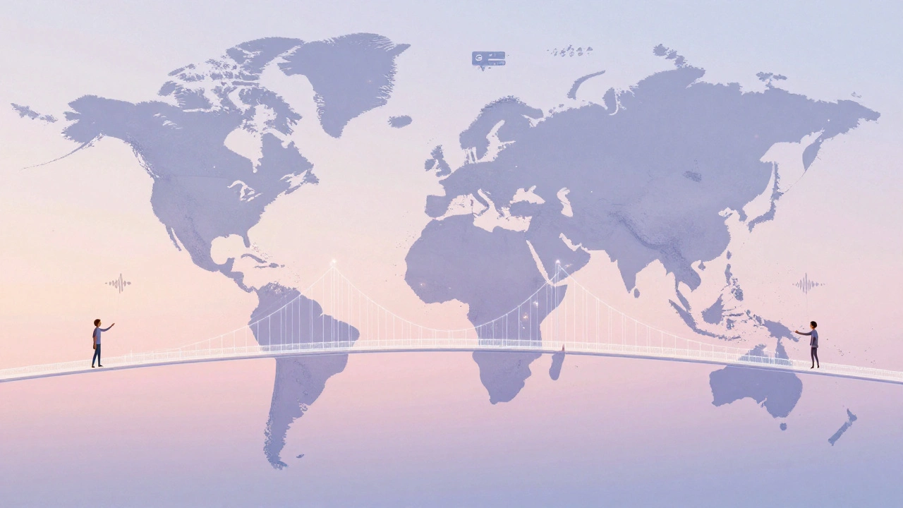 Glowing bridge of light connects two cities across a map, symbolizing emotional connection through short audio messages.