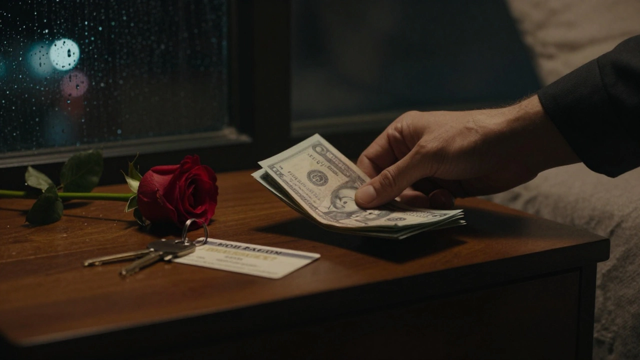 Hand legt geld neer naast een roos en een sleutelkaart.