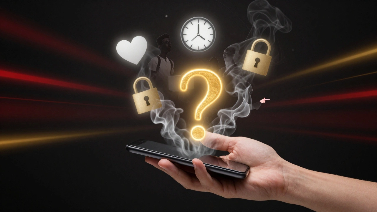 Hand met telefoon, drijvende iconen verdwijnen, alleen vraagteken blijft glimmen.