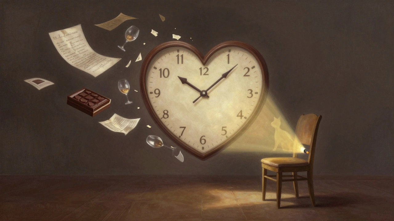 Heart-shaped clock at 17 minutes with fading symbols of failed gestures, illuminated by a single beam of hope.