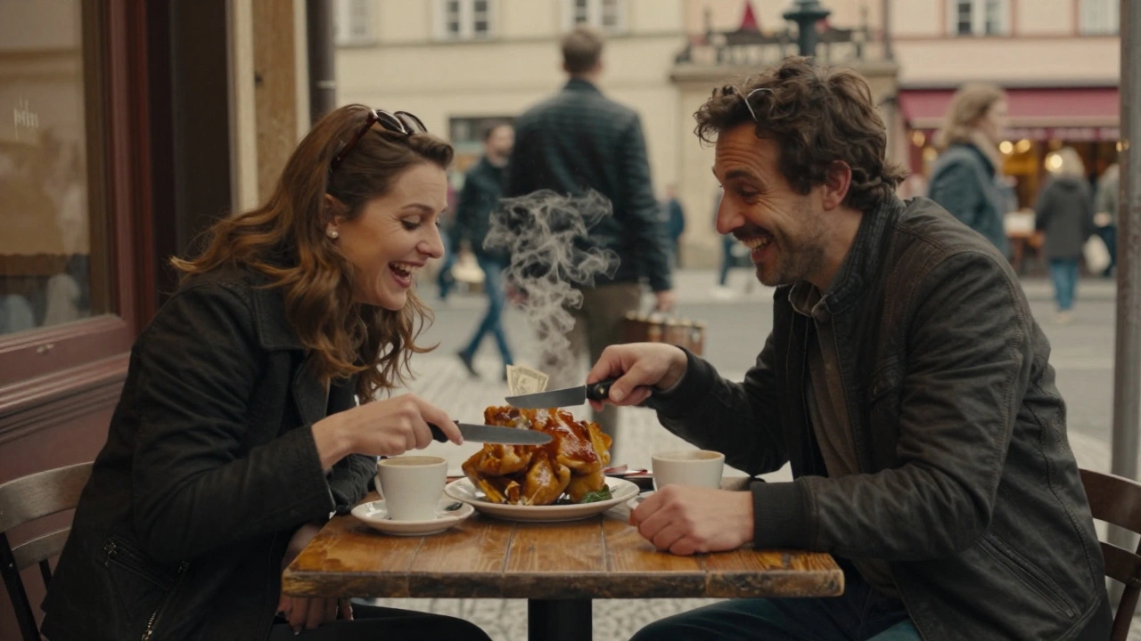 Man en vrouw in Praag, lachend bij een tafeltje in een café, levendige sfeer.