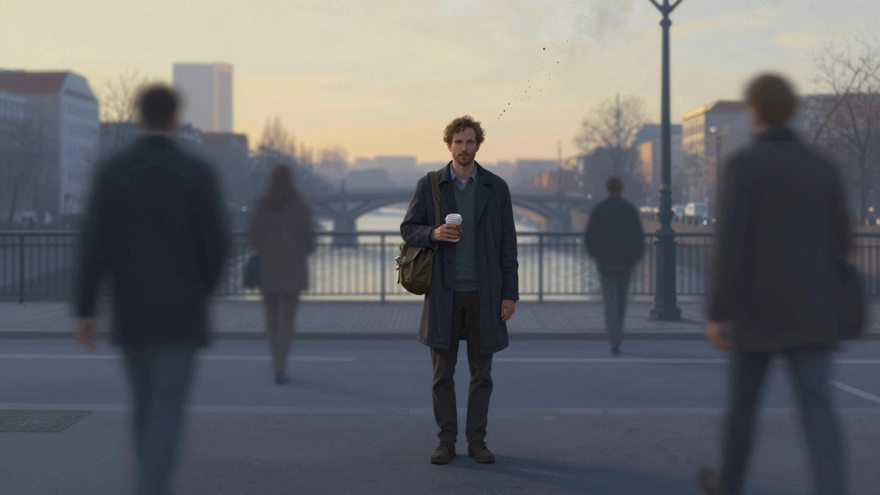 Man in Berlijn bij zonsopgang met koffie en nieuwe kleren, weg van het verleden.