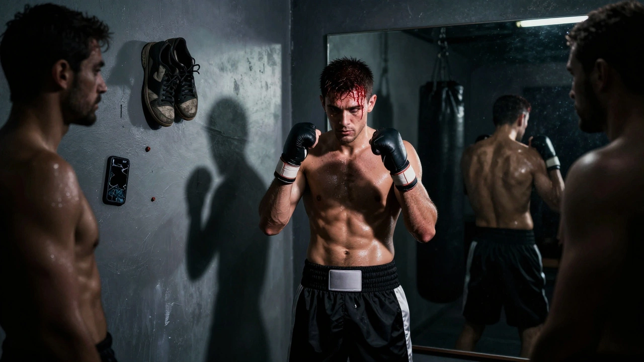 Man in de boksschool, bloedend maar sterk, spiegel laat zijn herstel zien.
