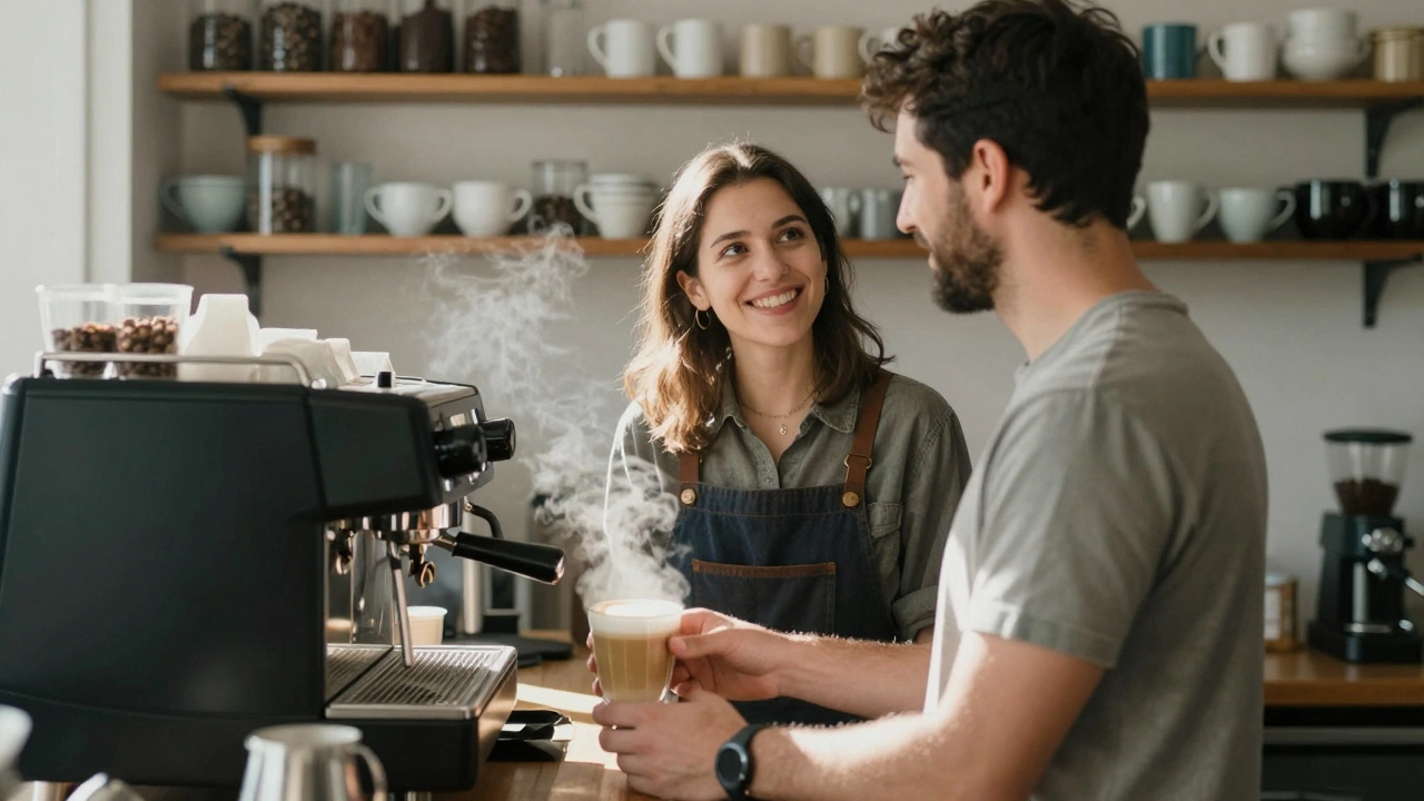 Man praat oprecht met een barista in een koffiebar, zonlicht en stoom creëren een warme sfeer.