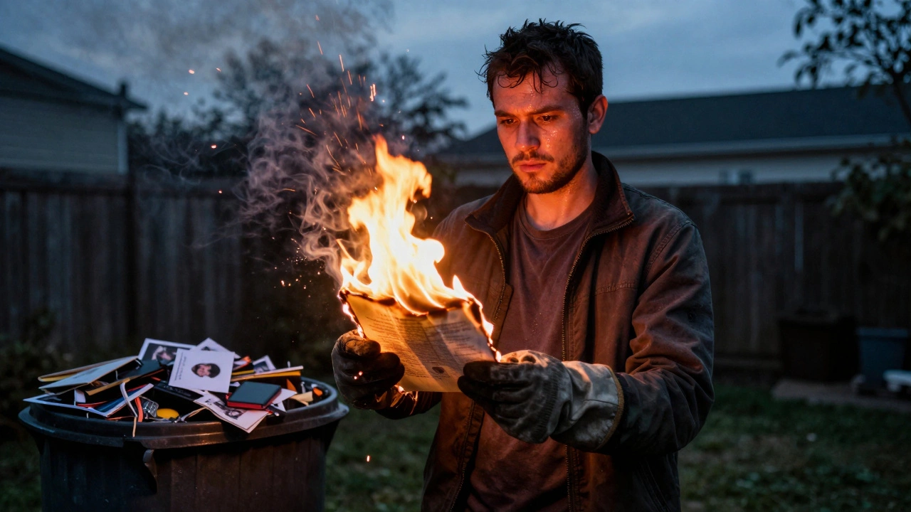 Man verbrandt een brief in de tuin, vlammen verteren herinneringen in de schemering.