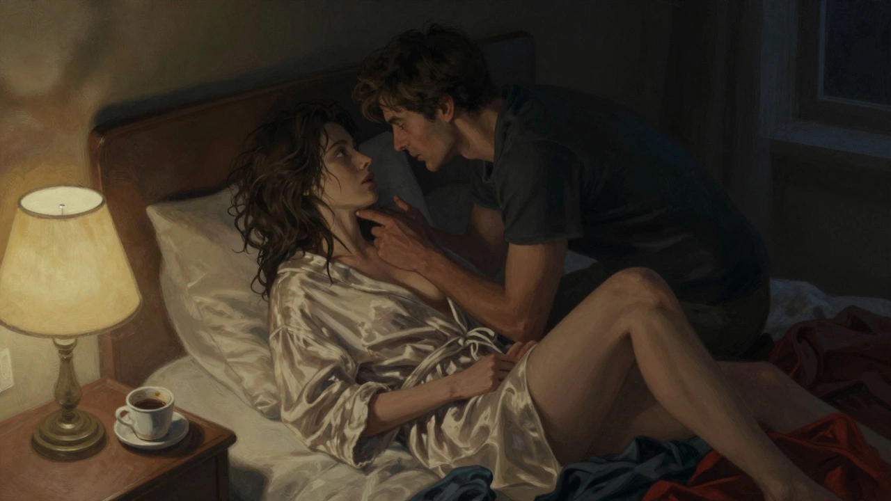 Paar in slaapkamer, intense oogcontact, vrouw nog in badjas, onverwachte intieme moment.