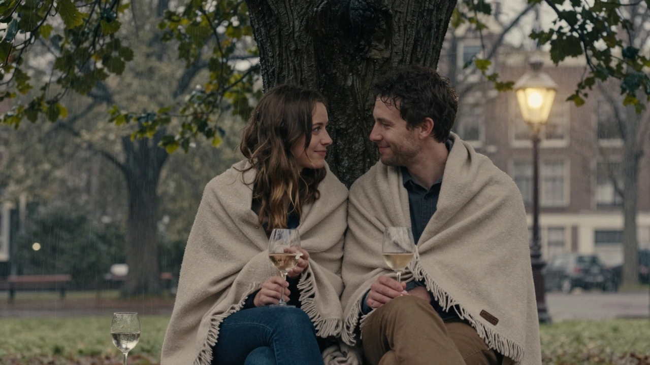 Paar onder een boom in de regen, deken, wijn, stilte en verbinding.