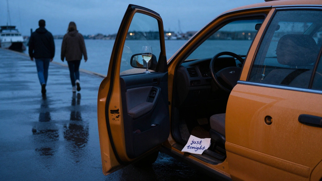 Taxi at harbor with a glass of wine and napkin saying &#039;just tonight&#039;, figures walking away.