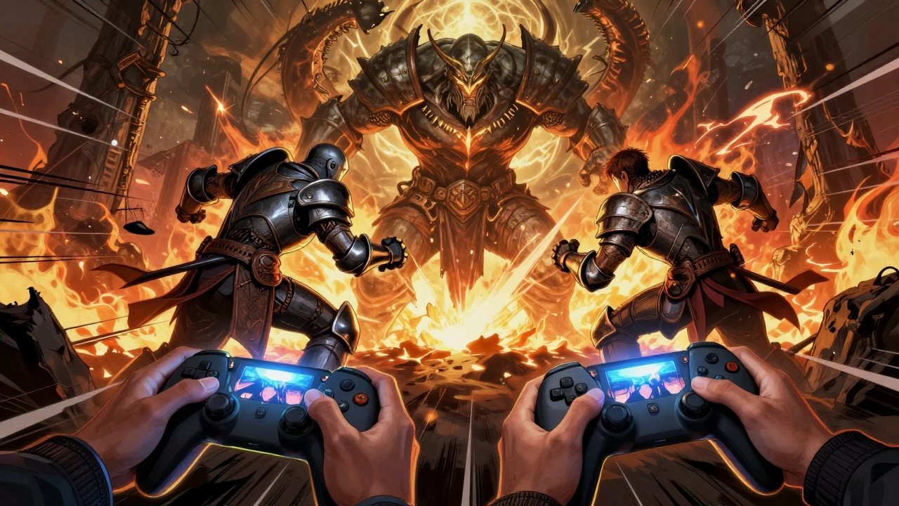 Twee gamers in een Elden Ring-raid, hun avatars vechten samen tegen een reusachtige baas, hun handen grip op controllers.