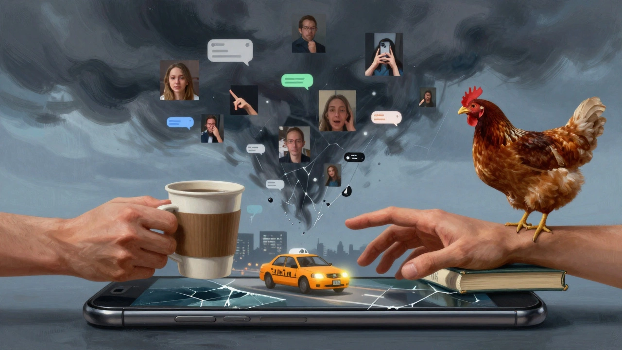 Twee handen die elkaar bereiken over een telefoonscherm met koffie, boek en kip, terwijl chaotische swipes verdwijnen in de lucht.