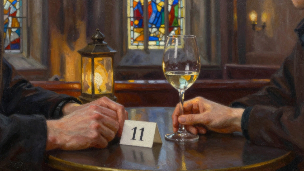 Twee handen op een tafel met een nummerkaart en een wijnglas, zacht verlicht in een oude kerk.