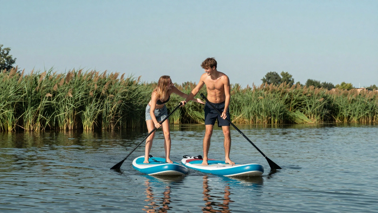 Twee mensen balanceren op een paddleboard op een rustige rivier, lachend en elkaar ondersteunend.