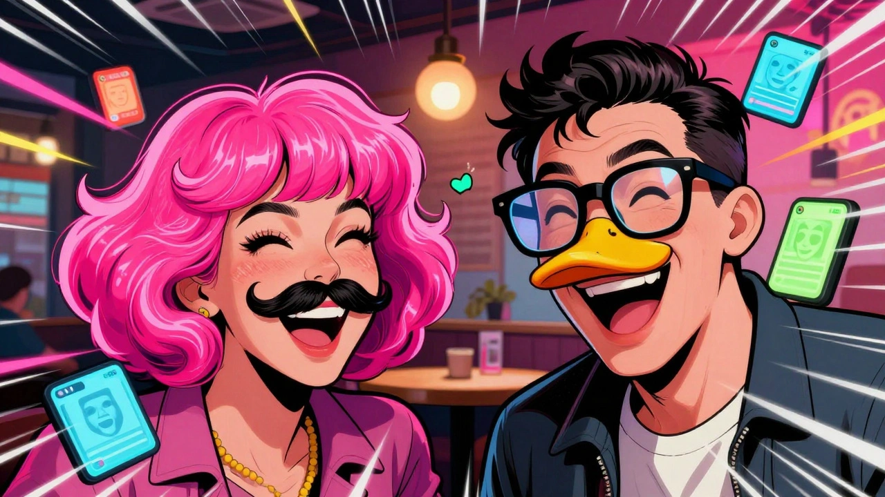 Twee mensen in een gezichtsveranderingscafé met gekke pruiken en briljanten, lachend onder neonlicht.