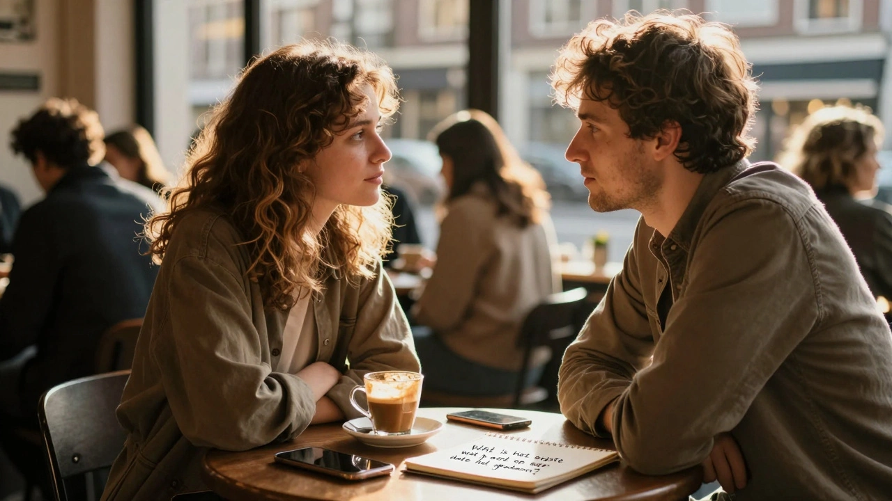 Twee mensen ontmoeten elkaar in een Utrechtse café, hun ogen ontmoeten elkaar, telefoons omgekeerd op de tafel.