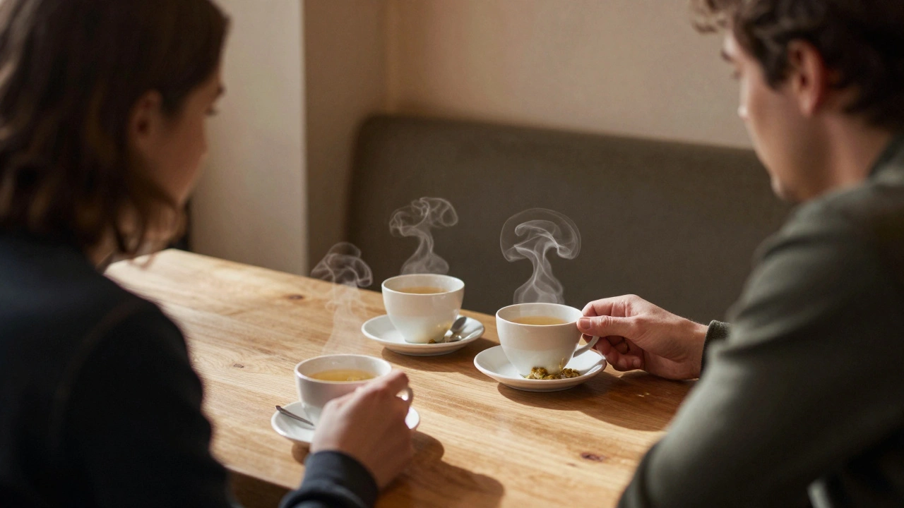 Twee mensen zitten met thee in een knus café, luisterend naar elkaar zonder telefoons of afleiding.