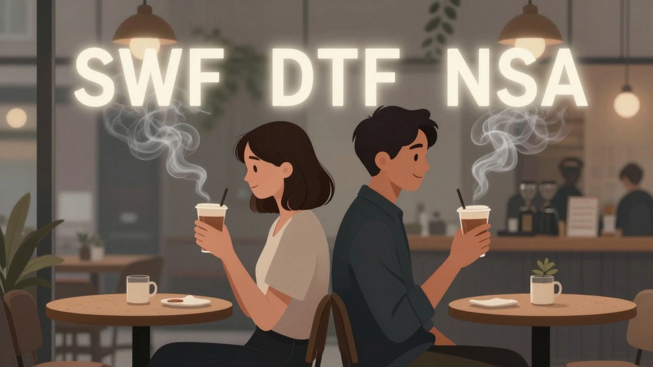 Two people in a café, back-to-back, with floating acronyms dissolving into smoke around them.