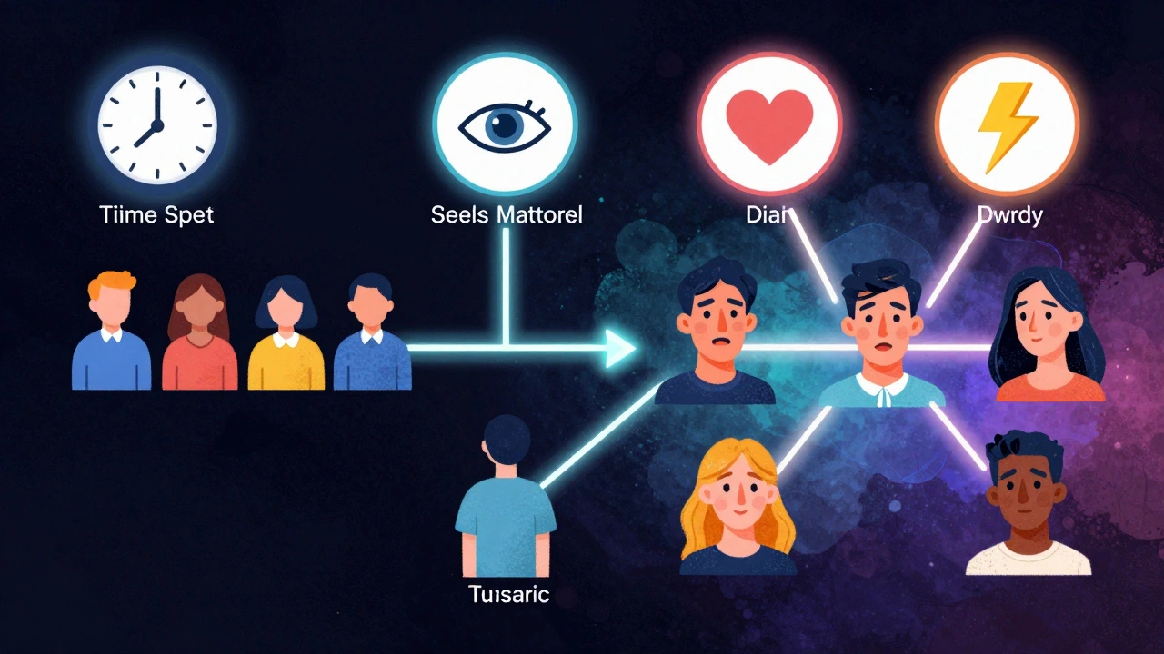 Visuele representatie van een datingapp-algoritme met gedragsscenario's die leiden tot oppervlakkige of diepgaande matches.