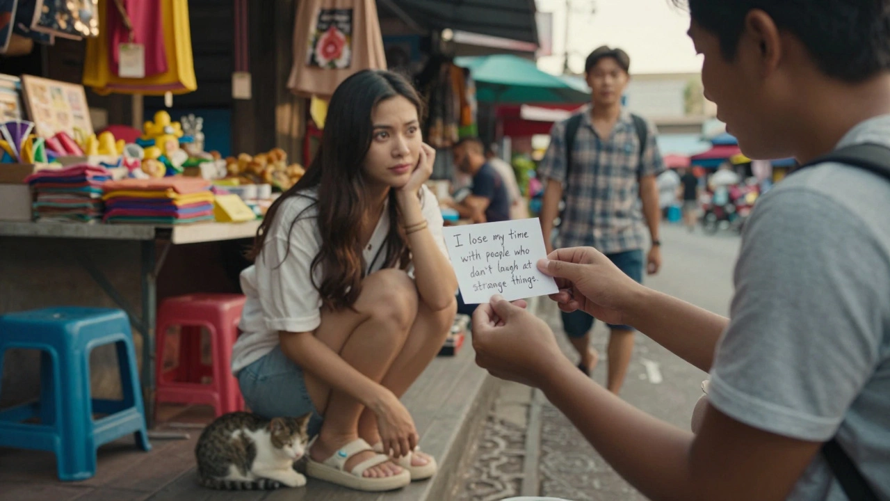 Woman in Thai market stops to read a handwritten note, cat beside her, gentle light.