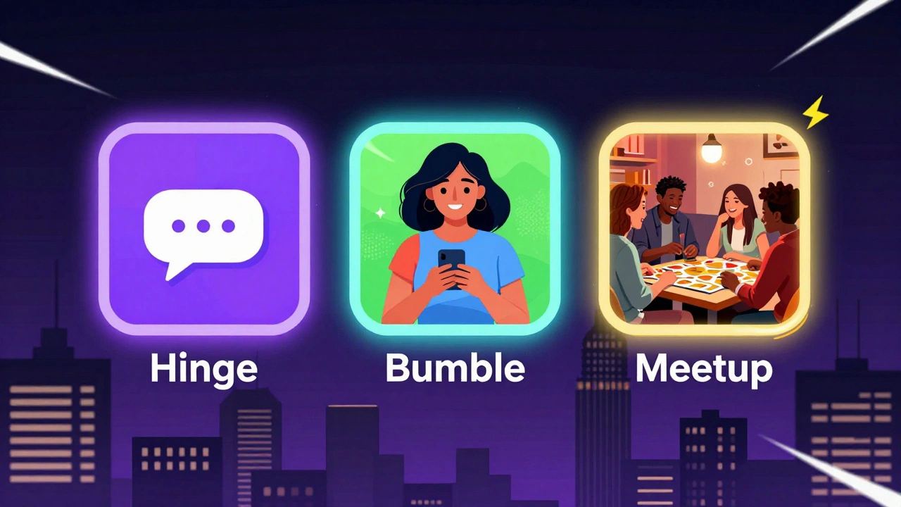 Drie datingapps als portals die menselijke verbindingen weergeven in een stadscollage.