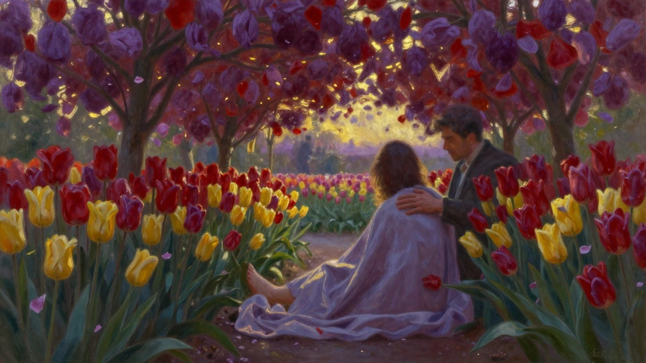 Een deken op de grond onder bloeiende tulpen, een vrouw en een man in intieme nabijheid bij zonsondergang.