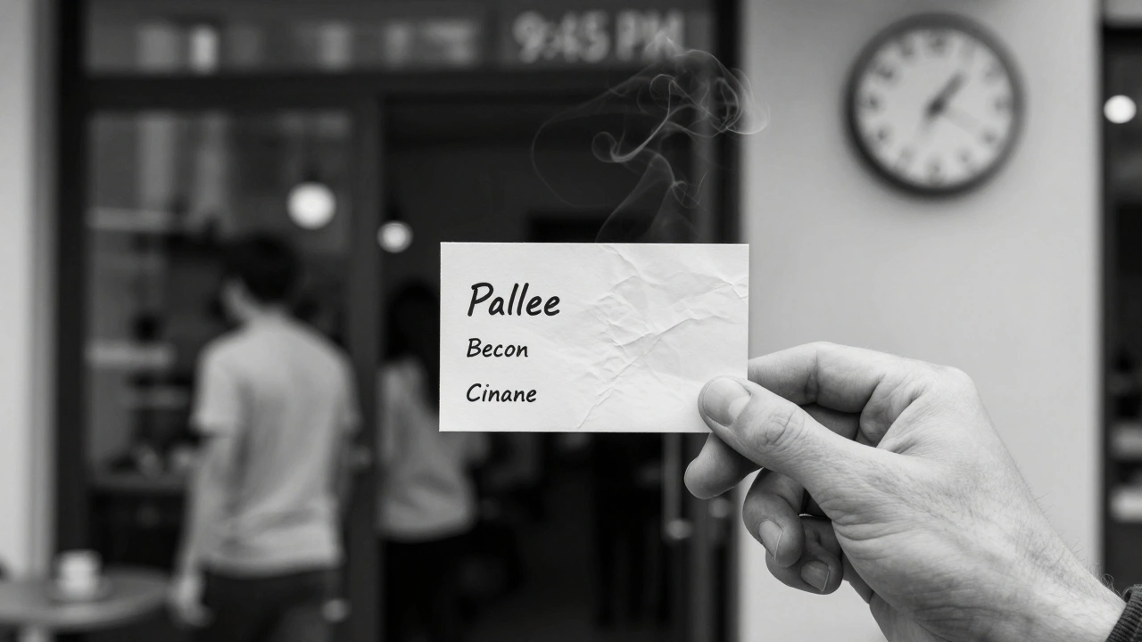 Een hand houdt een naamkaartje met een telefoonnummer, achtergrond een café bij avond.