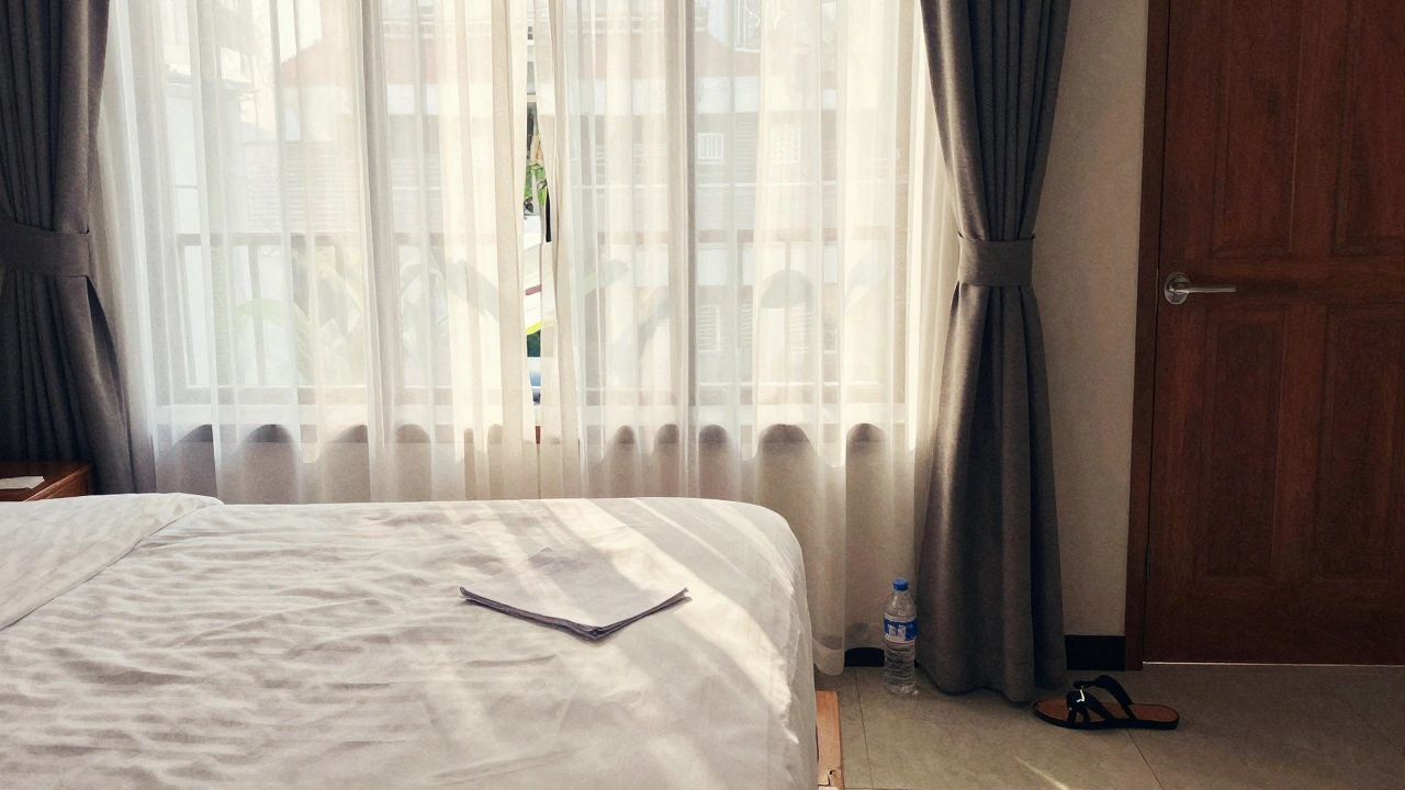 Een hotelkamer in Bangkok bij zonsopgang, een briefje op het nachtkastje naast een lege fles water.