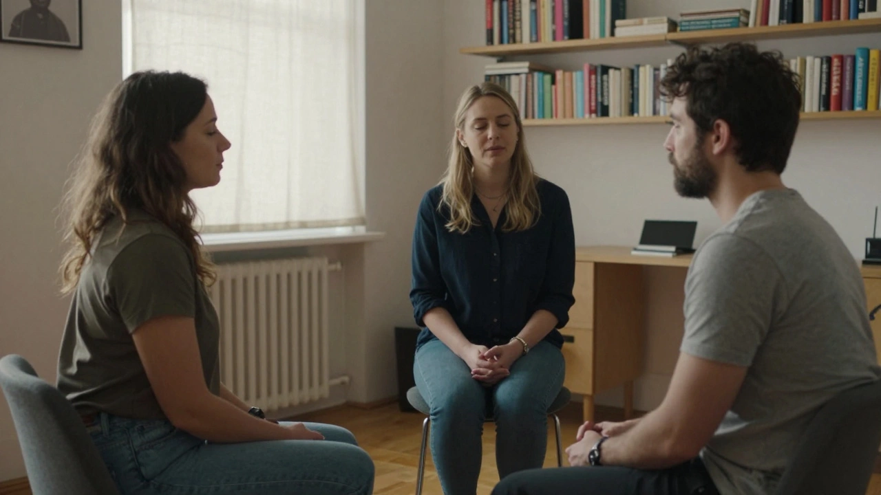 Een koppel in relatieadvies, één met gesloten ogen, luisterend terwijl de ander spreekt.