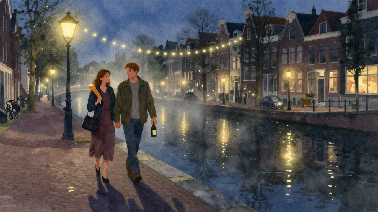 Een koppel wandelt langs een Utrechtse gracht bij schemering, met lichtjes in het water en een churro in de hand.