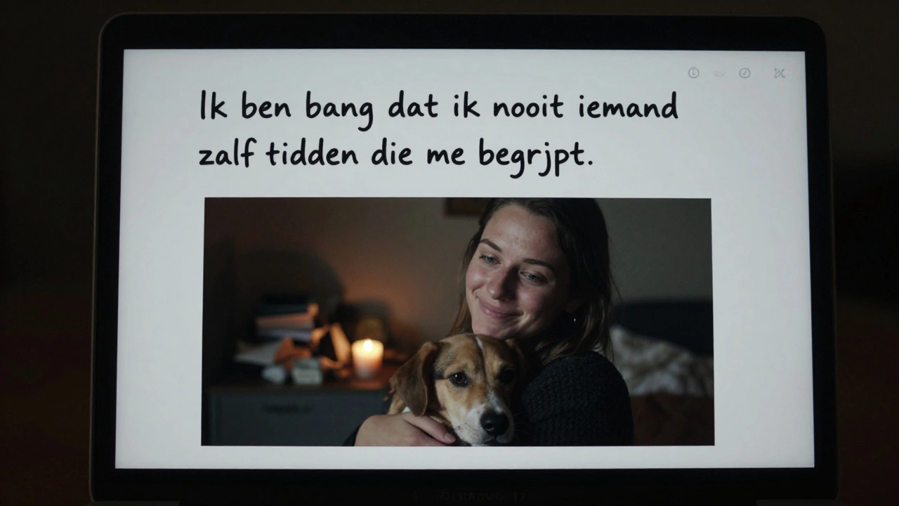 Een laptop scherm toont een eerlijke datingprofieltekst met een foto van iemand met een hond, verlicht door schermlicht in het donker.