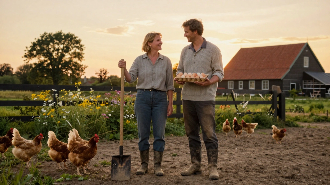 Een man en vrouw staan samen op een boerderij in Friesland, met eieren en een schop, in het zachte licht van de ondergaande zon.