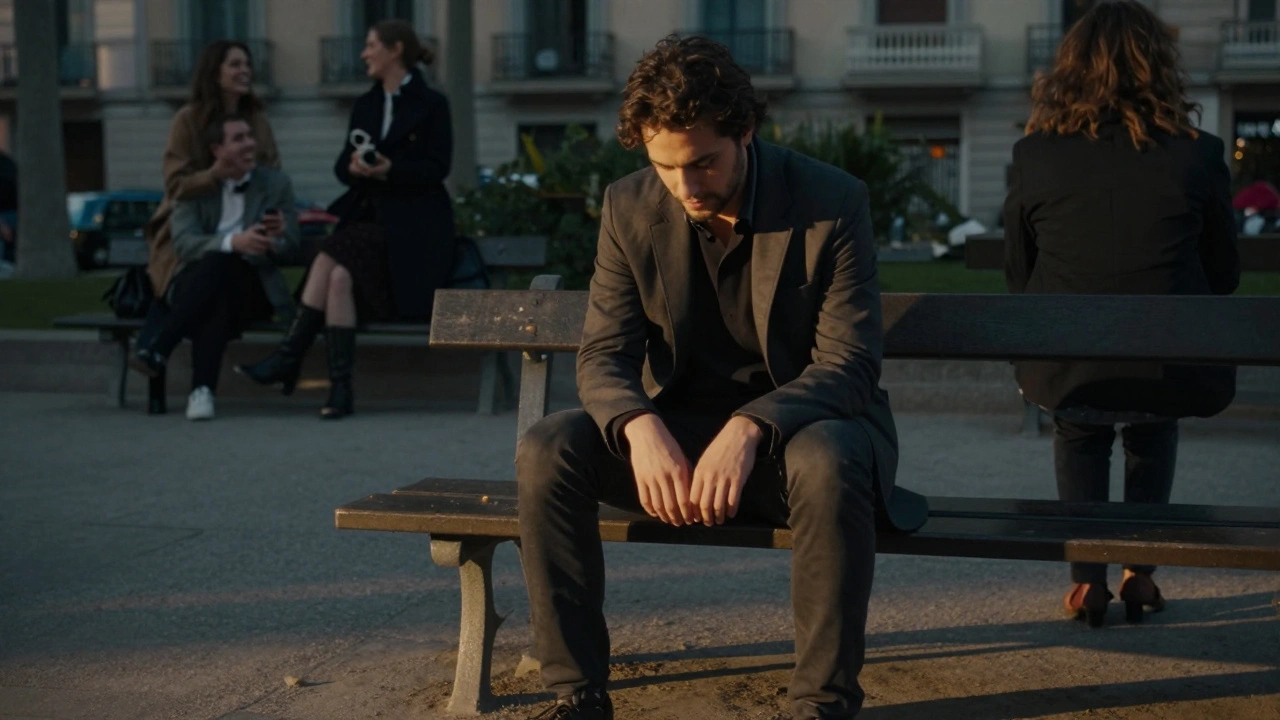 Een man op een bank in Barcelona, omringd door andere paren, maar in rust en zelfacceptatie, bij zonsondergang.