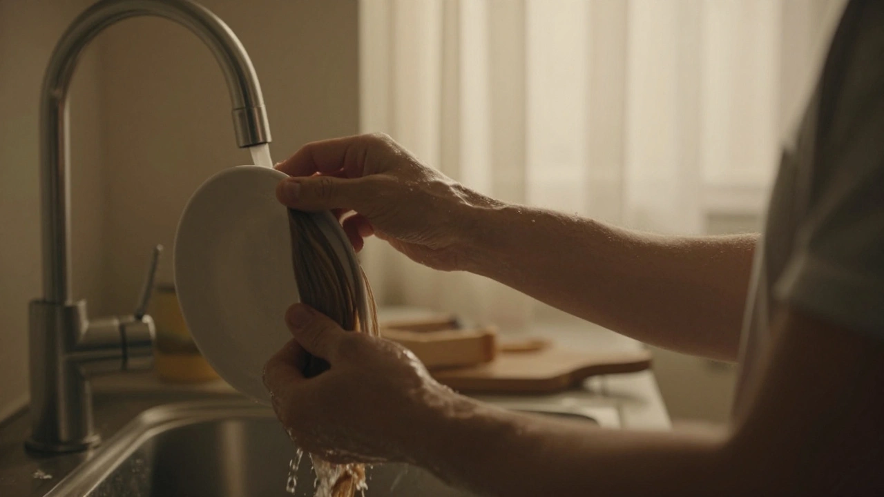 Een man raakt zachtjes het haar van zijn partner aan terwijl ze afwast, haar hand ligt op zijn borst.