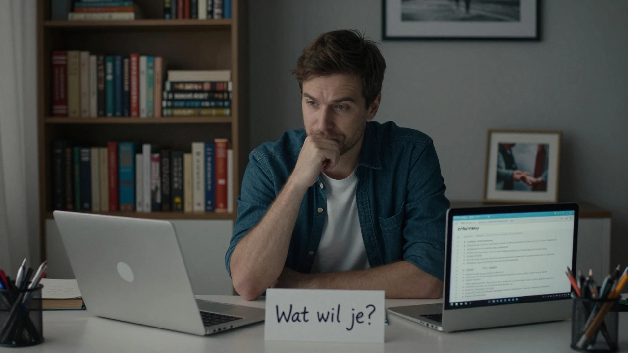 Een man vult een diepgaande compatibiliteitstest uit op zijn laptop, omringd door boeken en een persoonlijke notitie.